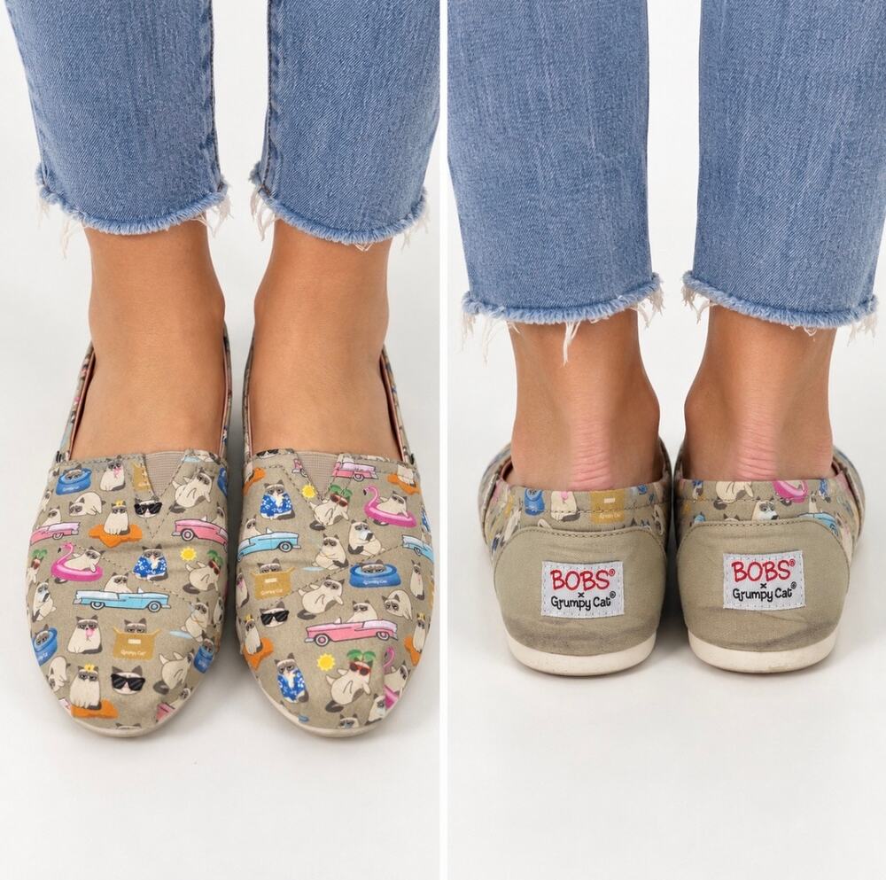 BOBS by Skechers Grumpy Cat Slip On Shoes sz8 Memory Foam Novelty